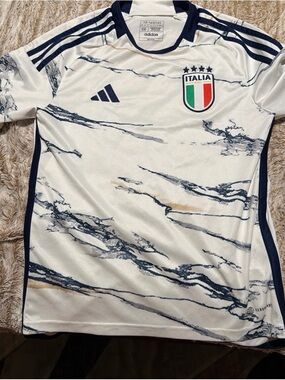 adidas White and Navy Italy Football Jersey with Gold Accents